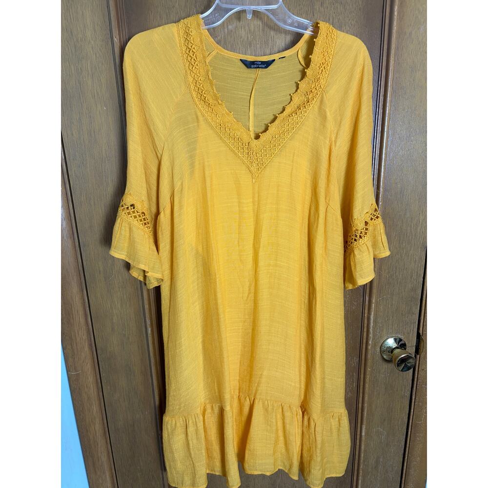 Mlle Gabrielle Mustard Yellow Boho Dress Crochet Lace Trim Ruffle Hem Size Large